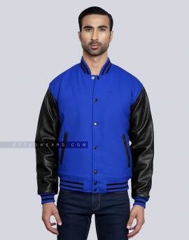 Royal Blue Wool body with Black Leather Sleeves Varsity Jacket