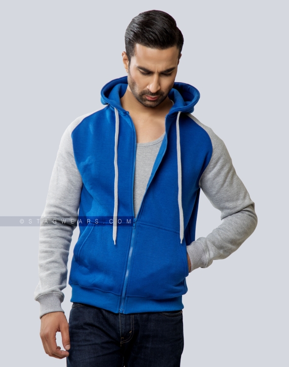 Royal Blue and Grey Fleece Hoodie with zipper Casual