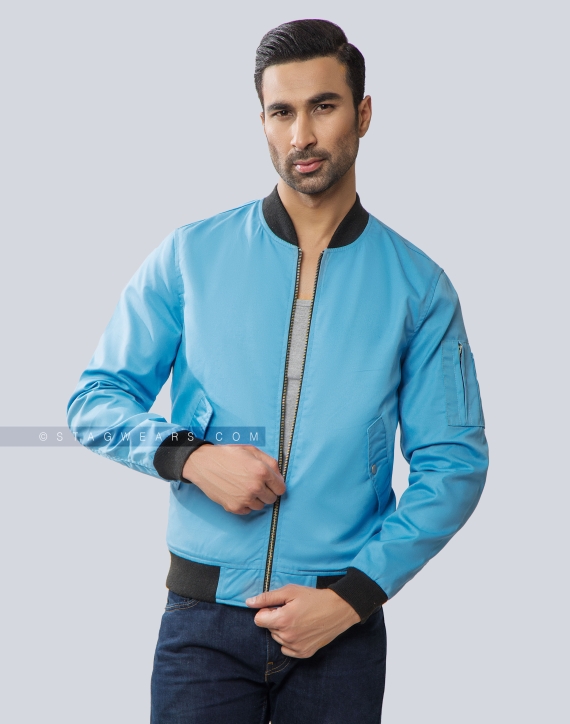 Sky Blue Cotton Twill Flight Bomber Jacket Casual