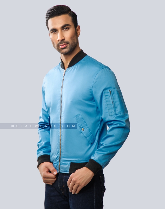 Sky Blue Cotton Twill Flight Bomber Jacket Front Side