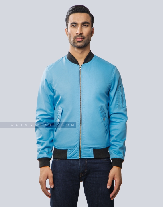 Sky Blue Cotton Twill Flight Bomber Jacket Front