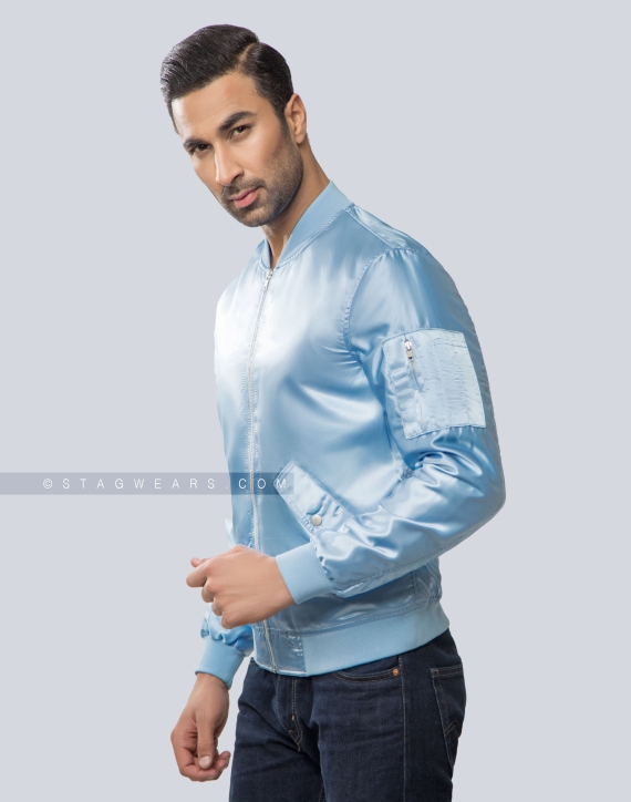 Sky Blue Unisex Satin Bomber Jacket with Zipper Front and Flap Pockets Front Side
