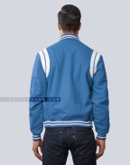Sky Blue Wool Letterman Jacket with White Leather Shoulder Insert Back