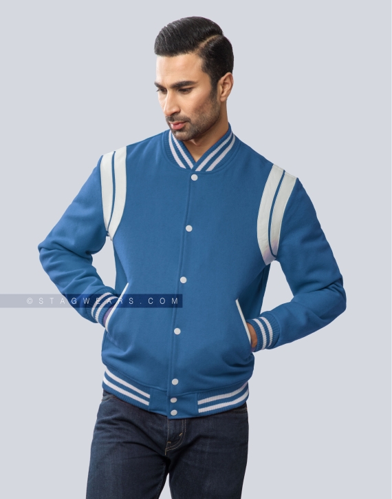 Sky Blue Wool Letterman Jacket with White Leather Shoulder Insert Casual