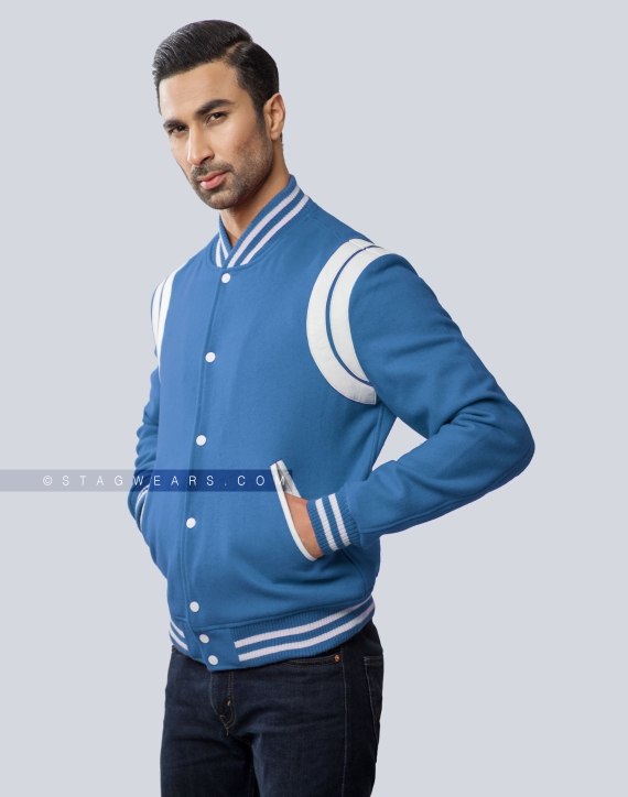 Sky Blue Wool Letterman Jacket with White Leather Shoulder Insert Front Side