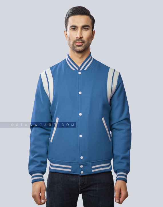 Sky Blue Wool Letterman Jacket with White Leather Shoulder Insert Front