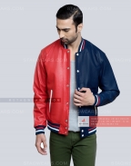Two-Tone Leather Varsity Jacket (Red/Navy) Casual
