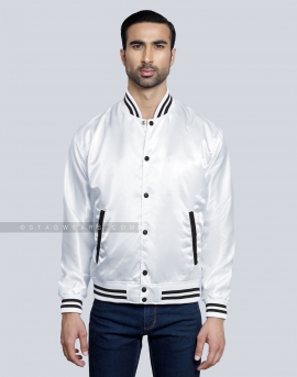White Satin Baseball Jacket with Black pockets and Knit lines