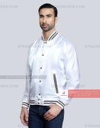 White Satin Baseball Jacket with Dark Grey pockets and Knit lines Front Side
