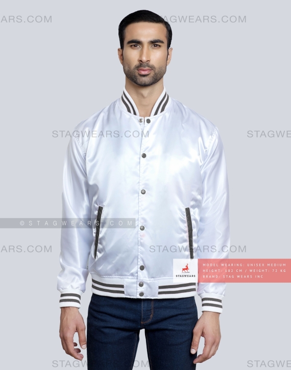White Satin Baseball Jacket with Dark Grey pockets and Knit lines Front