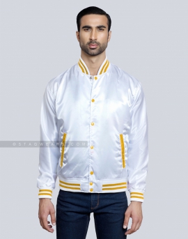 White Satin Baseball Jacket with Gold pockets and Knit lines