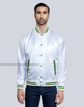White Satin Baseball Jacket with Green pockets and Knit lines