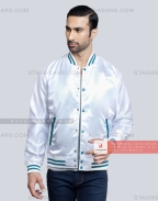 White Satin Baseball Jacket with Light Aqua pockets and Knit lines Casual