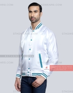 White Satin Baseball Jacket with Light Aqua pockets and Knit lines Front Side