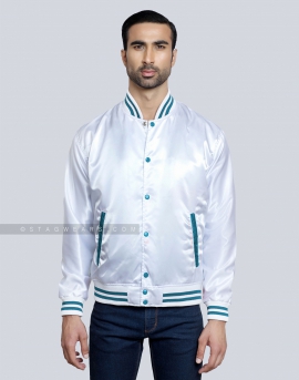 White Satin Baseball Jacket with Light Aqua pockets and Knit lines