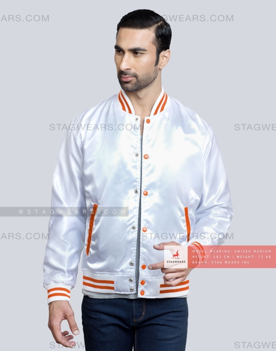 White Satin Baseball Jacket with Orange pockets and Knit lines Casual