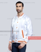 White Satin Baseball Jacket with Orange pockets and Knit lines Front Side