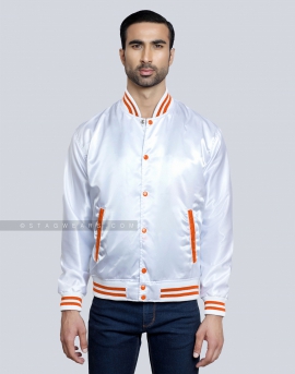 White Satin Baseball Jacket with Orange pockets and Knit lines