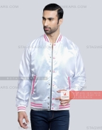 White Satin Baseball Jacket with Pink pockets and Knit lines Casual