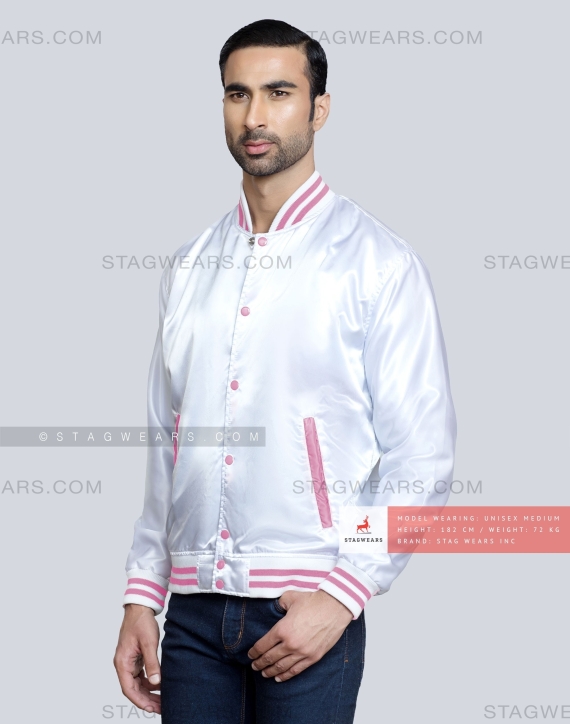 White Satin Baseball Jacket with Pink pockets and Knit lines Front Side