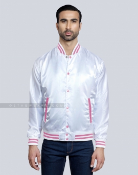 White Satin Baseball Jacket with Pink pockets and Knit lines