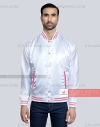 White Satin Baseball Jacket with Pink pockets and Knit lines Front
