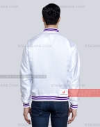 White Satin Baseball Jacket with Purple pockets and Knit lines Back