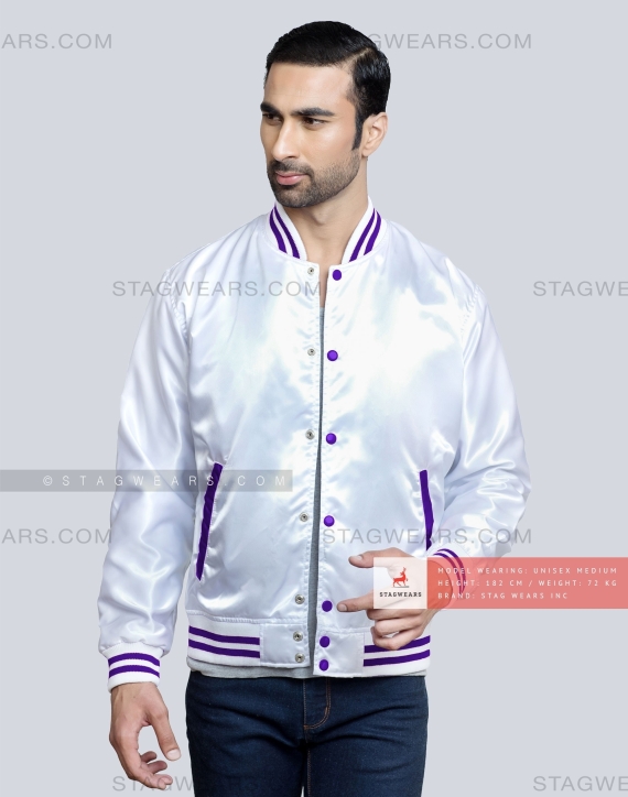 White Satin Baseball Jacket with Purple pockets and Knit lines Casual