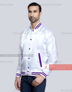 White Satin Baseball Jacket with Purple pockets and Knit lines Front Side