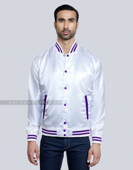 White Satin Baseball Jacket with Purple pockets and Knit lines