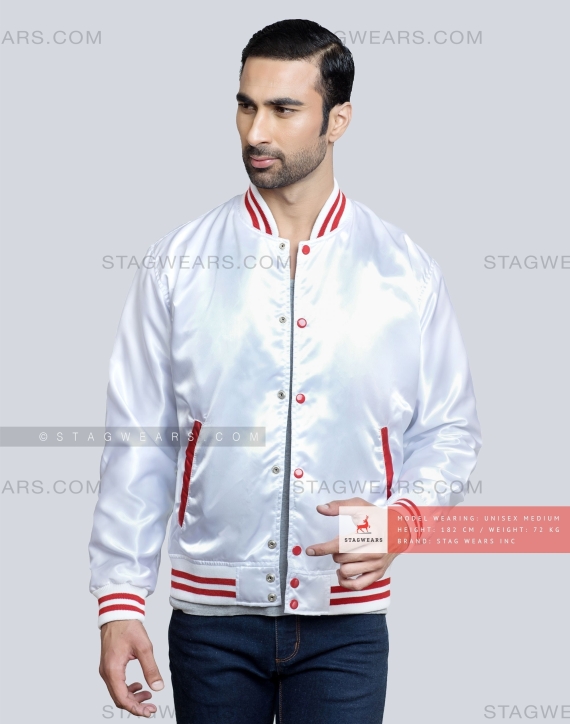 White Satin Baseball Jacket with Red pockets and Knit lines Casual