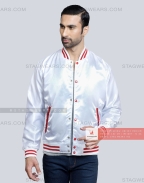 White Satin Baseball Jacket with Red pockets and Knit lines Casual