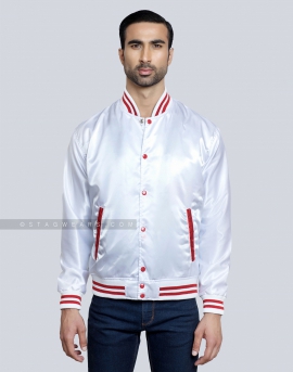 White Satin Baseball Jacket with Red pockets and Knit lines