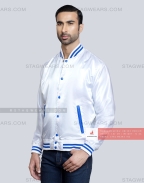 White Satin Baseball Jacket with Royal Blue pockets and Knit lines Front Side