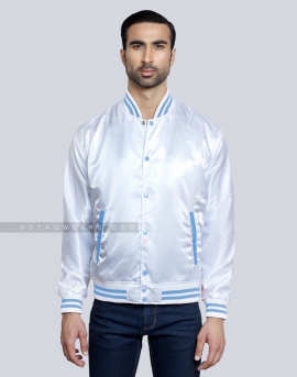 White Satin Baseball Jacket with Sky Blue pockets and Knit lines
