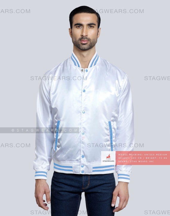 White Satin Baseball Jacket with Sky Blue pockets and Knit lines Front